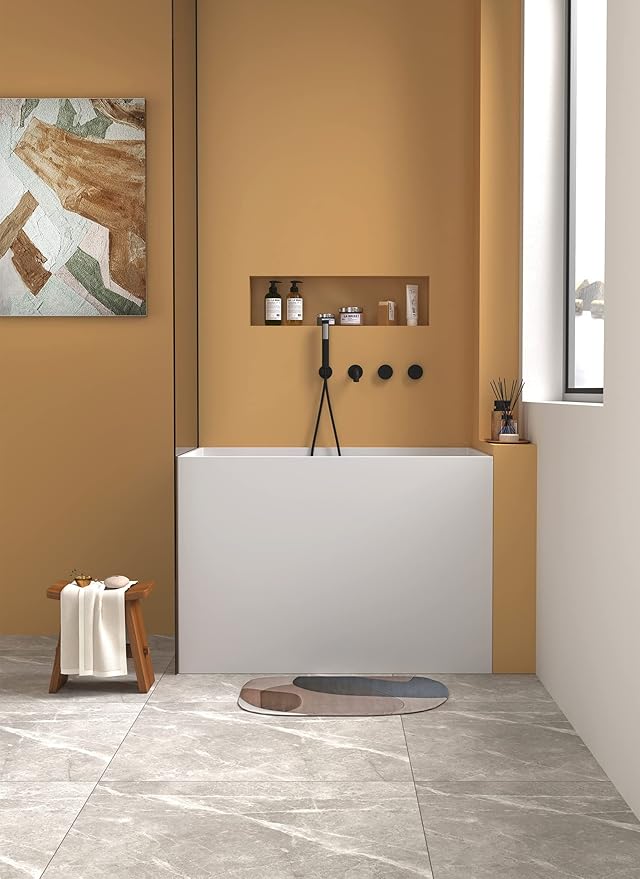 Cpingao 47" Stone Resin Freestanding Bathtub, Solid Surface Japanese Soaking Tubs Modern Rectangular Stand Alone Tub, Matte White 8842-1200