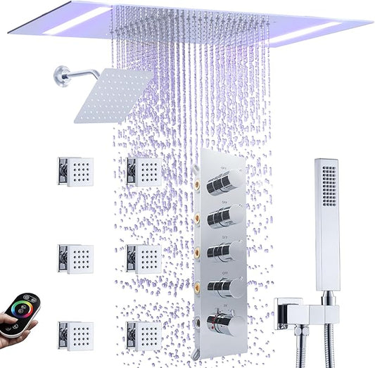 Thermostatic Shower System with 14x20 Inch Ceiling Mount LED Head & 6 Inch Wall Head and Handheld Shower 4 Function Vale with body jets Can All Run Together,Polished Chrome