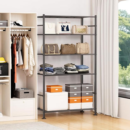 5 Tier Shelf Organizer Rack, Metal Shelving Unit with Adjustable Leveling Feet, Space-Saving Storage Shelves for Garage Closet Laundry Bathroom Kitchen Pantry, 33.07”Wx12.6”Dx72.04”H,Black