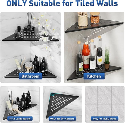 lives Corner Shower Shelf 10" Slot Design Recessed Matte Black Shower Shelves for Tiled Wall, 304 Stainless Steel Corner Shelves for Bathroom, 2 Pack (Square)