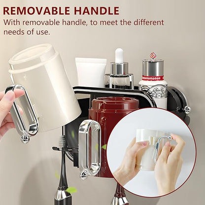 Wall Mounted Suction Toothbrush Holder with 2 Cups, Large Capacity Bathroom Organizer, Storage for Toothpaste, Face Wash-No Drill Adhesive for Wall