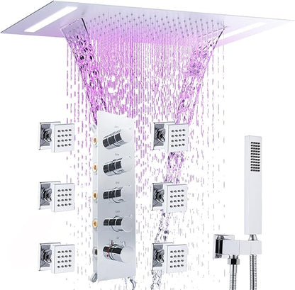 Multi Full Body Thermostatic Luxury Spa Shower System And 14x20 Inch LED 4 Functions Faucet Set, Rainfall Spray Waterfall Can Be Turned On Simultaneously,Polished Chrome
