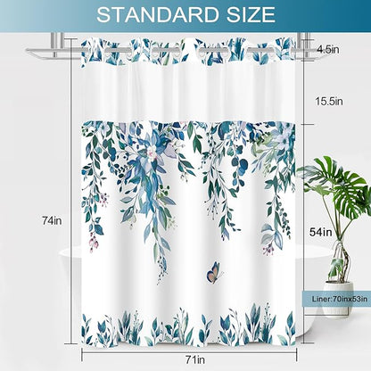 No Hook Shower Curtain and Liner Set, Dark Blue Eucalyptus Floral Shower Curtains for Bathroom, Bath Curtain Sets with Snap in Liner, Waterproof with See Through Top Window, 71x74 Inches