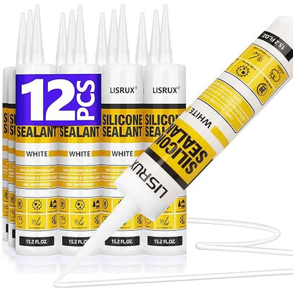 White Advanced Silicone Caulk, 100% Waterproof Silicone Sealant Indoor Outdoor Caulking for Window, Door, RV, Roof, Auto & Marine, Kitchen, Bathroom, Glass,15.2 oz（12-Pack） No Odor