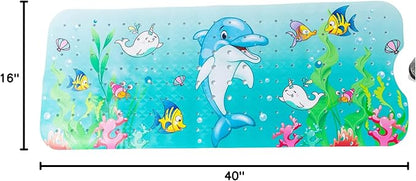 ENKOSI Bath Mat Long 40x16 – Non-Slip Bathtub Mat with Secure Suction Cups & Drain Holes with Fun Dolphin Design - Bathroom Shower Mat for Tub for Kids and Toddlers (Bath Dolphin)