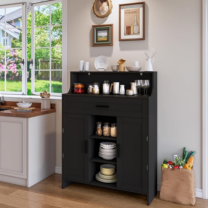 Storage Cabinet with Doors and Drawers, Kitchen Storage Cabinet with 1 Large Drawer,2 Doors,and 2 Adjustable Shelves,for Bathroom/Kitchen/Living Room/Entrance Hall (Black)