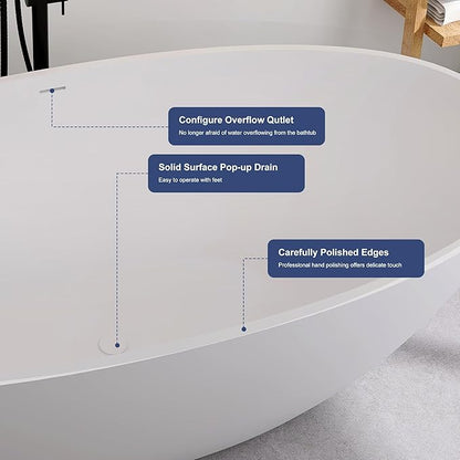 SJ STAR&JANE 71" x 35" SJ STAR&JANE Solid Surface Freestanding Bathtub Stone Resin Oval Soaking Tub Stand Alone Tub with Pop-up Drain & Overflow Matte White