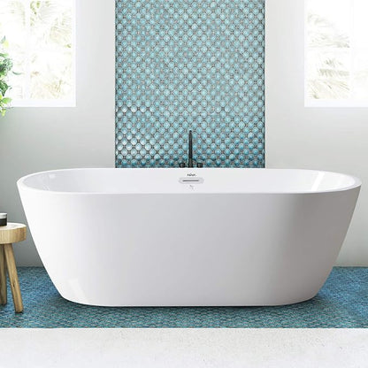FerdY Bali 67" Acrylic Freestanding Bathtub, Ergonomic Lightweight Classic Oval Soaking Bathtub with Chrome Drain, Classic Slotted Overflow, Modern White