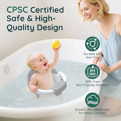 Baby Bath Seat Baby Bathtub - with Strong Suction Cups and 360° Surround Support – Easy Release, Non-Slip Cushion, Lockable Armrests – Infant Bath Chair for Babies 6-24 Months, Grey