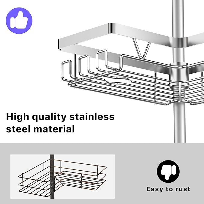 4-Tier Shower Caddy/Shower Organizer - Corner Standing Tension Pole Adjustable 25-114.2 inches Built in 2 Soap Holder Rustproof Silver Finish