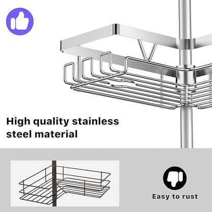 4-Tier Shower Caddy/Shower Organizer - Corner Standing Tension Pole Adjustable 25-114.2 inches Built in 2 Soap Holder Rustproof Silver Finish