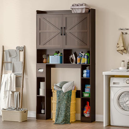 Over The Toilet Storage Cabinet, Farmhouse Toilet Cabinet Rack with Barn Doors, Space Saving Bathroom Organizer with Shelves, Toilet Paper Holder and Towel Rack for Bathroom,Restroom,Laundry,Espresso