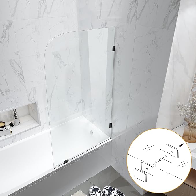 Bathtub Shower Glass Door 34 * 58 Inch, Bathroom Frameless Fixed Shower Door with 3PCS Clamps, 1/4"(6MM) Thick Clear Tempered Glass Door with Round Corner, Matte Black
