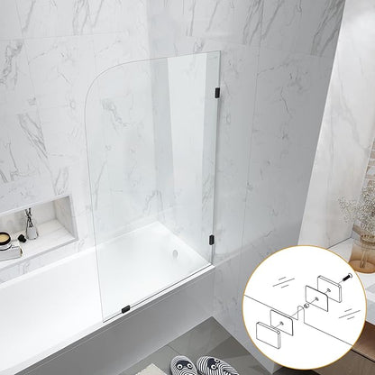 Bathtub Shower Glass Door 34 * 58 Inch, Bathroom Frameless Fixed Shower Door with 3PCS Clamps, 1/4"(6MM) Thick Clear Tempered Glass Door with Round Corner, Matte Black