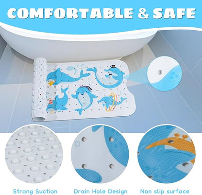 Baby Bath Mat for Tub Non Slip Kids Bathtub Mat Extra Long 40X16 Inch Toddler Bath Tub Shower Mat Anti Slip with Suction Cups & Drain Holes, Machine Washable (Dolphins)