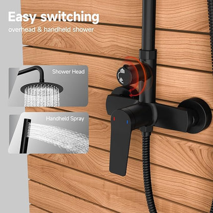 Rainsworth Outdoor Shower Kit Matte Black - Single Handle Brass Valve, 8 Inch Rain Shower Head and Handheld Spray Shower Fixture Combo, 304 Stainless Steel Wall Mount