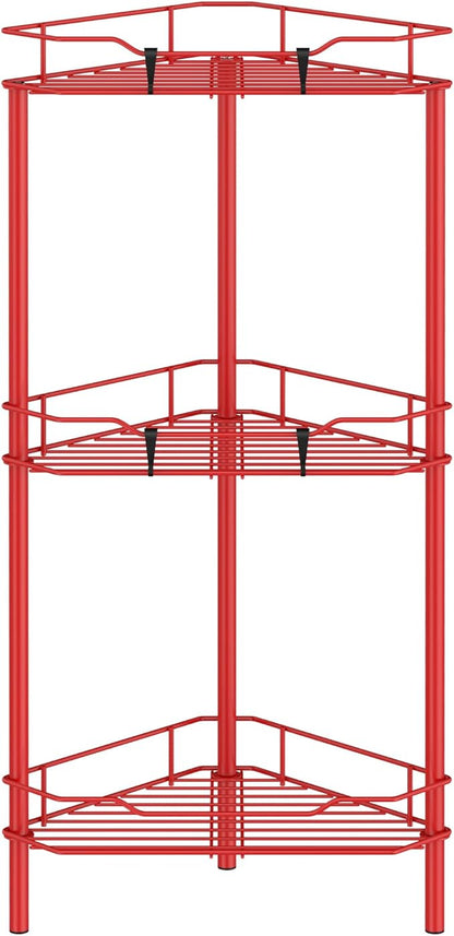 3 Tier Floor Standing Corner Shower Caddy Organizer Shelf with Hooks, Bathroom Shelves Stand Rack, Red