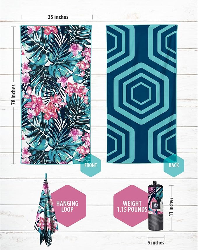 VENTURE 4TH Microfiber Beach Towel: Quick-Dry, Compact, Sand-Free, Absorbent, Sandproof and Lightweight - Perfect for Camping, Beach, and Roadtrips (Blue Lagoon Design | 35x78 inches)
