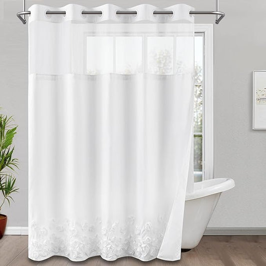 ROSERY No Hook Shower Curtain with Snap in Fabric Liner Set, Boho Farmhouse Shower Curtain for Bathroom with Applique Flower Buds Ribbon Bottom, Floral Pattern, 71" W x 74" L