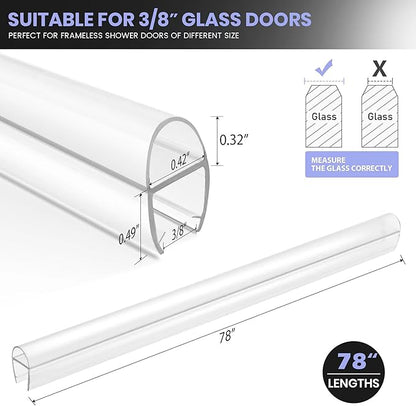 Bathroom Shower Door Seal Strip, 2PCS 78 Inch Shower Door Bottom&Side Seal Strips, U-Type PVC Transparent Shower Door Seal Strip for 3/8"(10MM) Frameless Shower Door