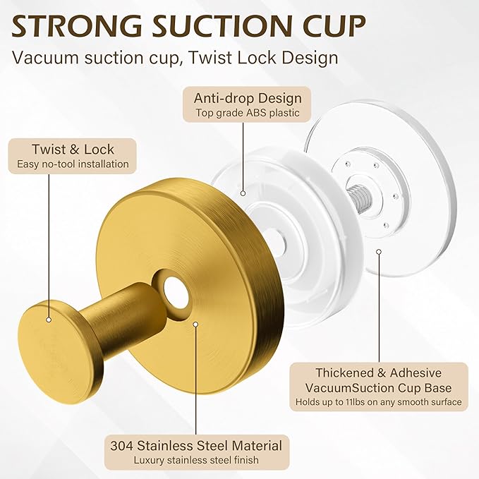 Shower Suction Cup Hooks, Heavy Duty Bathroom Wall Hooks for Towels, Robes, Loofahs, Removable Metal Hook for Tile Glass Mirror, No Drill(4 Pack, Gold)