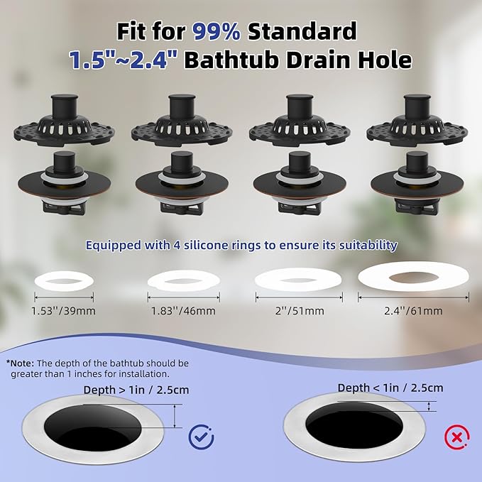 Metal 2 Pack Bathtub Drain Stopper with Top Hair Catcher, 3 in 1 Pop-up Bathtub Strainer, Tub Stopper with Detachable Stainless Steel Filter Basket for Standard 1.5 to 2.4'' Drain, Oil-Rubbed Bronze