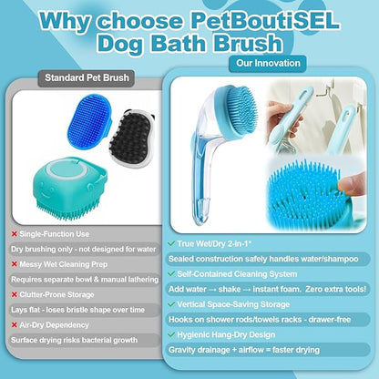 2025 New Dog Bath Brush with Built-in Shampoo Dispenser - 4-in-1 Pet Grooming Kit | Includes 20 Disposable Finger Wipes, 1 Compressed Bath Towel, 2 Body Wipe Compressed Tablets