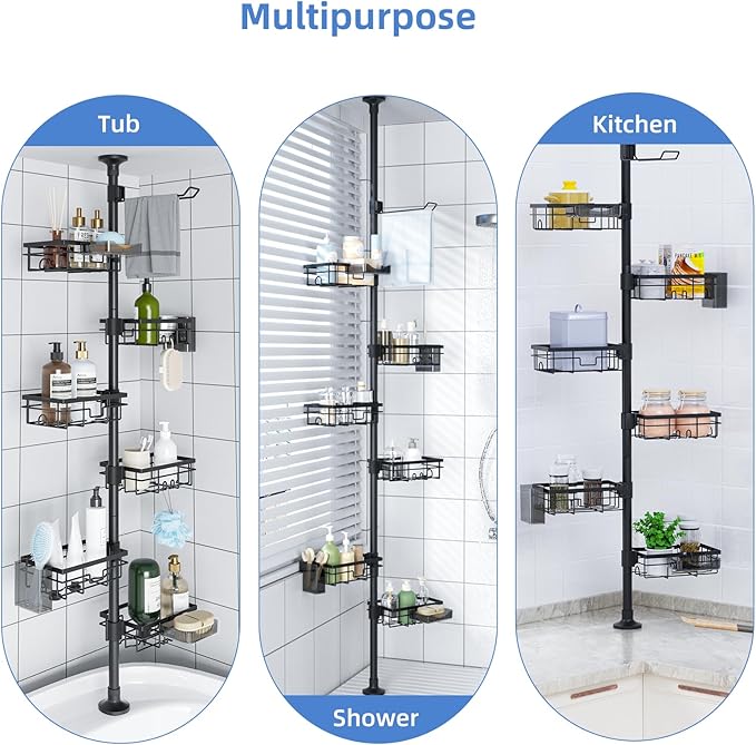 GearFusion Shower Caddy Organizer Tension Pole, Rustproof 4 Tier Corner Shower Rack with 25–114 Inch Adjustable Height for Bathroom Storage, Extra Towel Rack, Soap Dish and Toothbrush Holder, Black