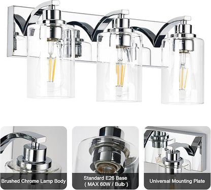 3-Light Bathroom Light Fixtures Modern Chrome Vanity Lights for Bathroom Lighting Fixtures Over Mirror with Clear Glass Shade for Cabinet Mirror Bedroom Hallway