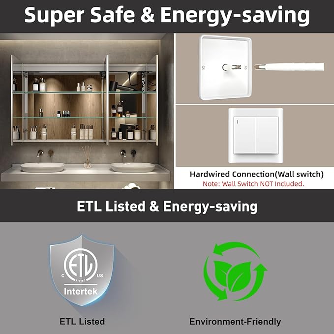 Medicine Cabinet with LED Lights and Mirror, 60 x 32 Inch Surface or Recessed Mounted Bathroom Cabinets with Door, Defogger, Memory Function, 3-Color Mode, Outlet&USB, Dimmer, Storage Shelf