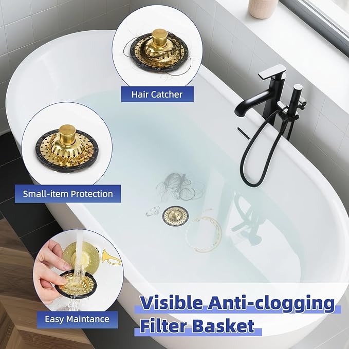 Universal Bathtub Drain Stopper Shower Drain Hair Catcher, Tub Stopper with Visible Top Strainer, Upgraded 3 in 1 Pop-up Drain Plug Fit for 1.5 to 2.4" Hole, Stainless Filter Basket, Brushed Gold