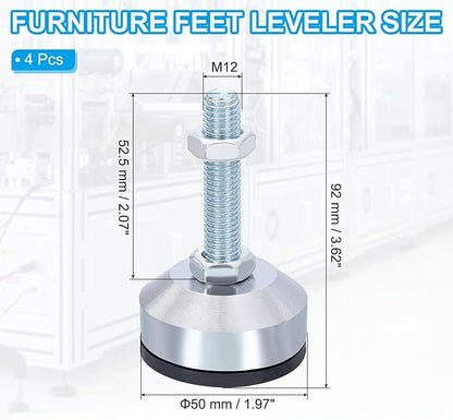 PATIKIL Furniture Leveling Feet 2.4" Dia Base M12 Thread, 4 Pcs Carbon Steel Adjustable Threaded Furniture Levelers Screw on Leg Leveler with Pads for Desk Chair, Black