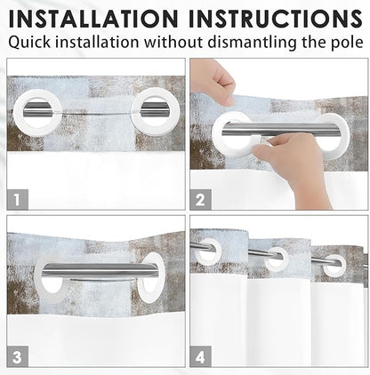 No Hook Grey Brown Painting Shower Curtain with Snap in Fabric Liner Set, Gray Abstract Double Layers Waterproof Fabric with See Through Top Window Open Grommet Bath Curtain 71x74 Inch