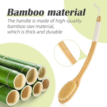Bath Body Brush Shower, 22" Super Long Curved Bamboo Handle Antiskid Back Body Scrubber Wet/Dry Brushing, Moderately Soft Natural Bristle Body Brush for Showering