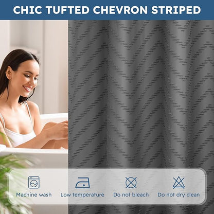 No Hook Shower Curtain and Snap in Liner Set Grey Tufted Chevron Striped Cloth Waterproof Washable Fabric Boho Gray Bath Curtain with See Through Mesh Top Window for Bathroom Hotel 71" x 86"