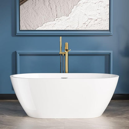 Sarlai 59 Inch Acrylic Freestanding Soaking Bathtub Contemporary Soaking White Tub Stand Alone Ergonomic Bathtub with Chrome Drain and Overflow