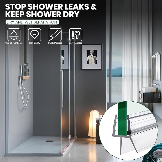 Shower Glass Door Bottom Seal, 2PCS 36 Inch Ultra Clear PVC Seal Strip with Sweep for 1/4"(6mm) Thick Frameless Glass Door, to Stop Water Leakage