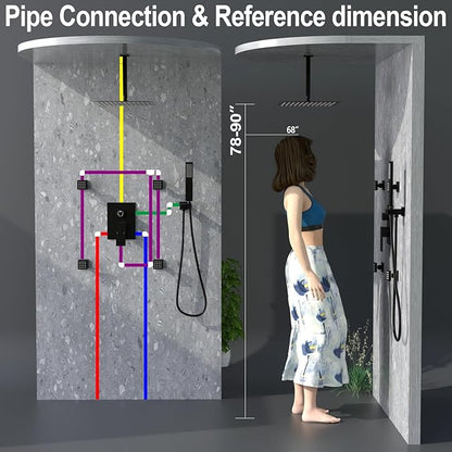 Enga 12 Inch Ceiling Mount Matte Black Shower System with Body Jets Bathroom Luxury Rain Mixer Shower Combo Set Ceiling Rainfall Shower Jets System Faucet Set