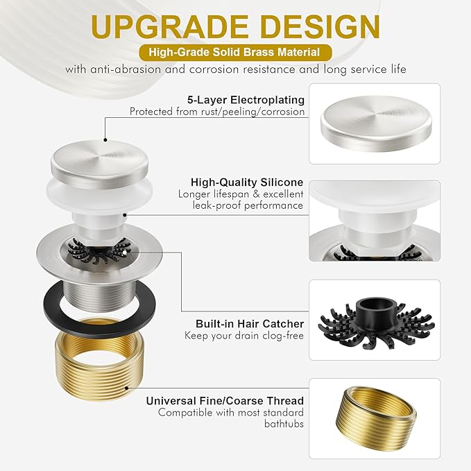 Brushed Nickel Bathtub Drain Stopper and Overflow Kit, Solid Brass Tip-Toe Bath Tub Drain with Hair Catcher - Universal Coarse/Fine Thread, Bathroom Bathtub Plug Replacement, 11.5/16 UNC
