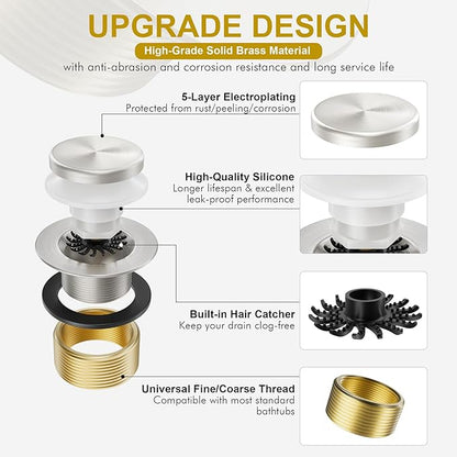 Brushed Nickel Bathtub Drain Stopper and Overflow Kit, Solid Brass Tip-Toe Bath Tub Drain with Hair Catcher - Universal Coarse/Fine Thread, Bathroom Bathtub Plug Replacement, 11.5/16 UNC