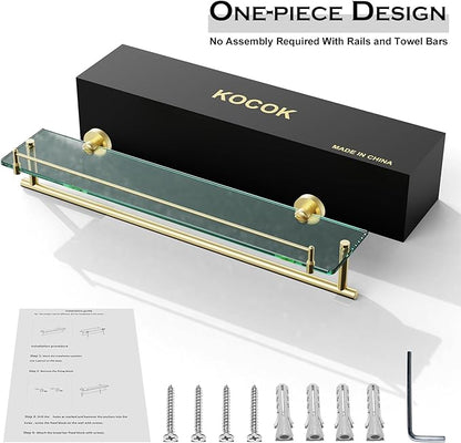 24-Inch Towel Rack with Shelf -Tempered Glass Bathroom Shelf with Towel Bar - Brushed Gold Modern Stainless Steel, Wall Mount Rustproof Tower Holder