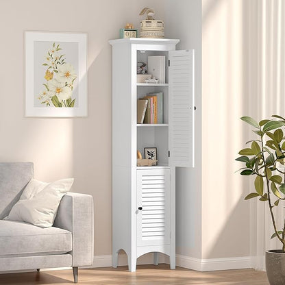 Tangkula 63" Tall Bathroom Storage Cabinet, Freestanding Narrow Linen Tower with Adjustable Shelf, Modern Slim Floor Cabinet with 2 Doors for Bathroom, Living Room, Kitchen (White)