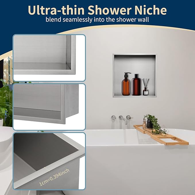 12x12 Shower Niche Insert Tile Ready, Brushed Nickel Recessed Wall Cabinet, Stainless Steel Wall Niche for Shower Wall, No Tile Needed Storage Organizer Waterproof