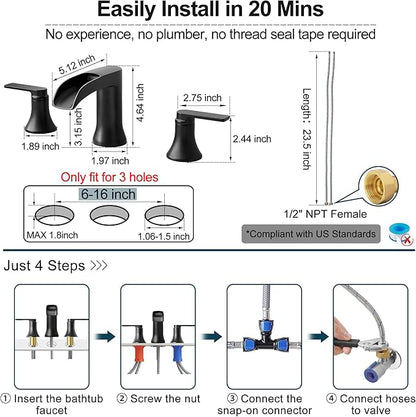 Solid Brass Waterfall Bathtub Faucets Set, 3 Hole Matte Black Tub Faucet 2 Handle, High Flow Roman Tub Faucets Widespread 6-16 Inch Deck Mount