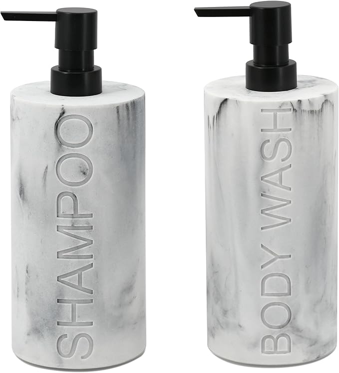 Marble Resin 2 Piece Shampoo and Body Wash Dispenser Set, Luxurious Refillable Pump Bottles with Matte Pump Top and Embossed Text, Durable Design for Bathroom and Shower