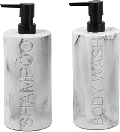 Marble Resin 2 Piece Shampoo and Body Wash Dispenser Set, Luxurious Refillable Pump Bottles with Matte Pump Top and Embossed Text, Durable Design for Bathroom and Shower