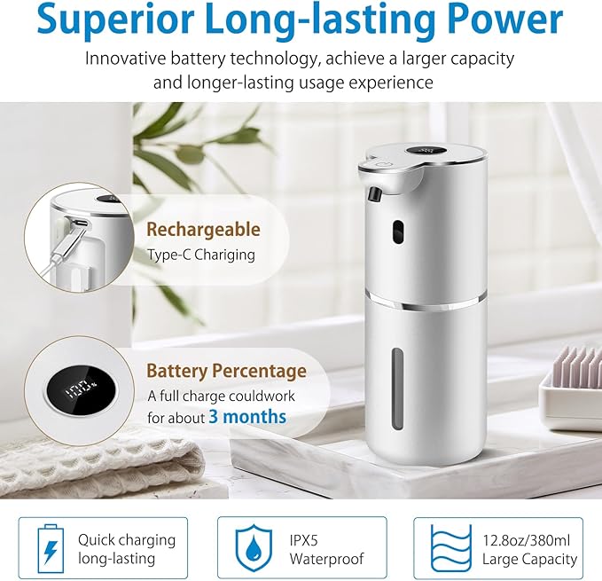 Automatic Liquid Soap Dispenser 12.8oz, Rechargeable & 6 Levels Soap Adjustable with Digital Display, Wall Mount, Waterproof, Touchless Hand/Dish Soap Dispenser for Kitchen, Bathroom, Hotel