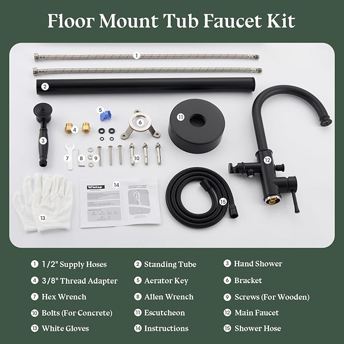 Free Standing Tub Faucet, Wintap Classic Freestanding Bathtub Faucet with Sprayer Brass Elegant Floor Mount Bath Faucets High Flow Roman Tub Filler, Matte Black （WT-3311BK）