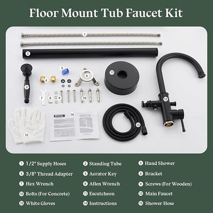Free Standing Tub Faucet, Wintap Classic Freestanding Bathtub Faucet with Sprayer Brass Elegant Floor Mount Bath Faucets High Flow Roman Tub Filler, Matte Black （WT-3311BK）