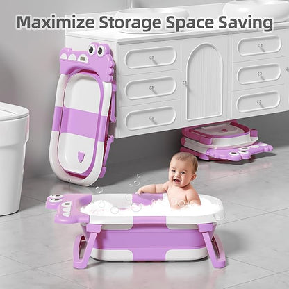 TPN Collapsible Baby Bathtub, Baby Bath Tub with Soft Cushion & Real-Time Thermometer, Baby Bathtub Infant to Toddler Tub (0-36 Months), Portable Travel Baby Tubs for Newborns (Lavender)